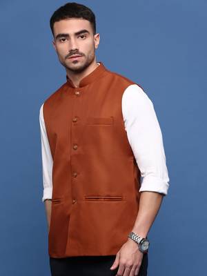men's solid rust slim fit nehru jacket 3