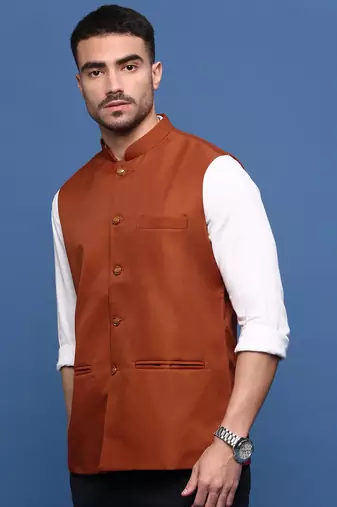 men's solid rust slim fit nehru jacket