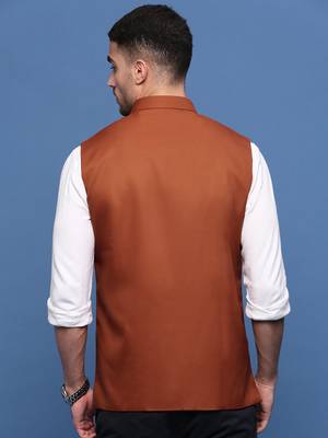 men's solid rust slim fit nehru jacket 4
