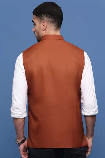 men's solid rust slim fit nehru jacket