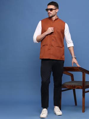 men's solid rust slim fit nehru jacket 5