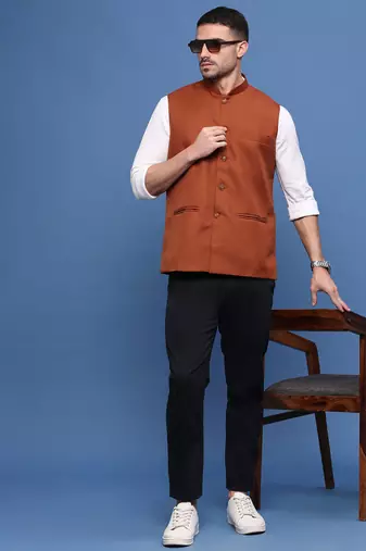 men's solid rust slim fit nehru jacket