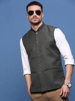 men's solid charcoal slim fit nehru jacket 1