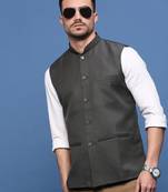men's solid charcoal slim fit nehru jacket