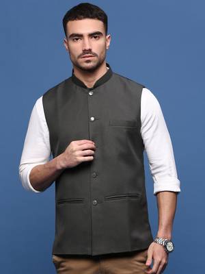 men's solid charcoal slim fit nehru jacket 2