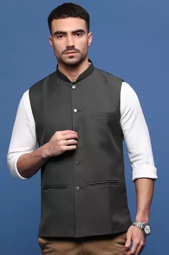 men's solid charcoal slim fit nehru jacket