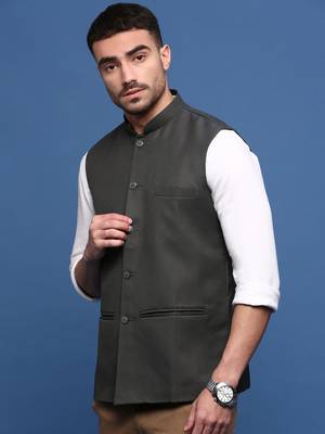 men's solid charcoal slim fit nehru jacket 3