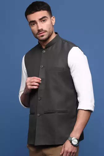 men's solid charcoal slim fit nehru jacket
