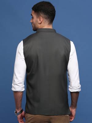 men's solid charcoal slim fit nehru jacket 4