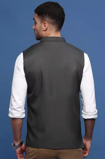 men's solid charcoal slim fit nehru jacket