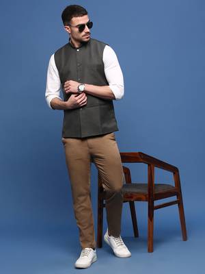 men's solid charcoal slim fit nehru jacket 5