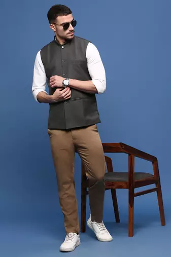 men's solid charcoal slim fit nehru jacket