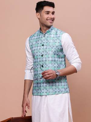 men's printed turquoise blue slim fit nehru jacket 1