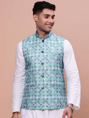 men's printed turquoise blue slim fit nehru jacket 2