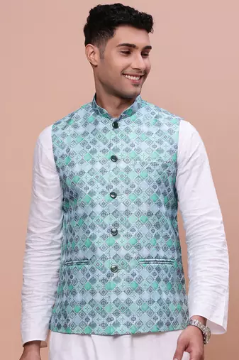 men's printed turquoise blue slim fit nehru jacket