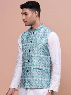men's printed turquoise blue slim fit nehru jacket 3