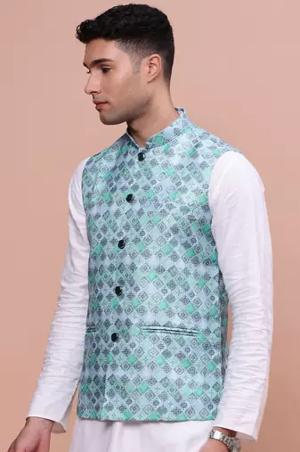men's printed turquoise blue slim fit nehru jacket