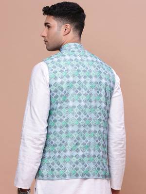 men's printed turquoise blue slim fit nehru jacket 4