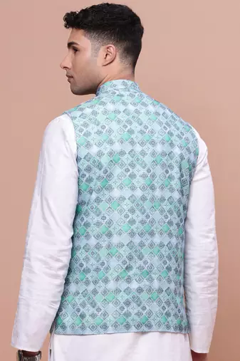 men's printed turquoise blue slim fit nehru jacket