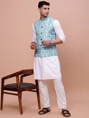 men's printed turquoise blue slim fit nehru jacket 5