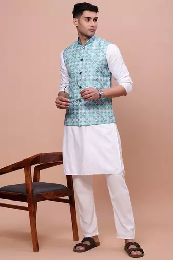 men's printed turquoise blue slim fit nehru jacket