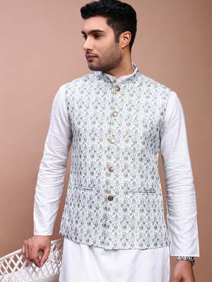 men's printed green slim fit nehru jacket 1