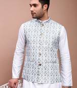 men's printed green slim fit nehru jacket
