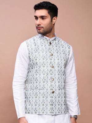 men's printed green slim fit nehru jacket 2