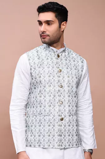 men's printed green slim fit nehru jacket