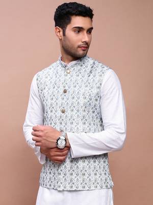 men's printed green slim fit nehru jacket 3