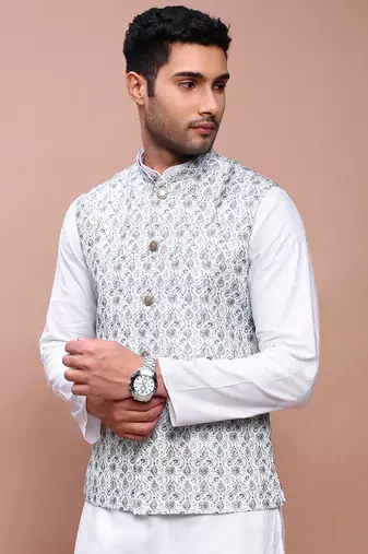 men's printed green slim fit nehru jacket