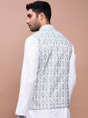 men's printed green slim fit nehru jacket 4
