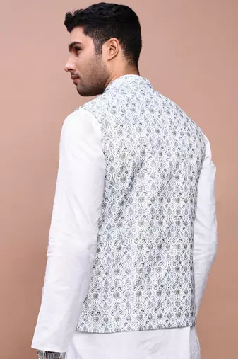 men's printed green slim fit nehru jacket