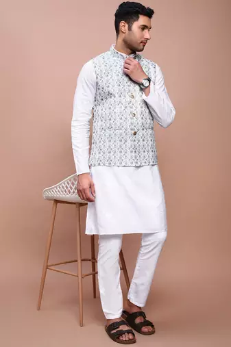men's printed green slim fit nehru jacket