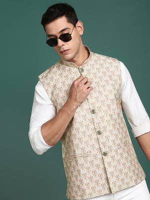 men's printed cream slim fit nehru jacket 1