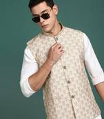 men's printed cream slim fit nehru jacket