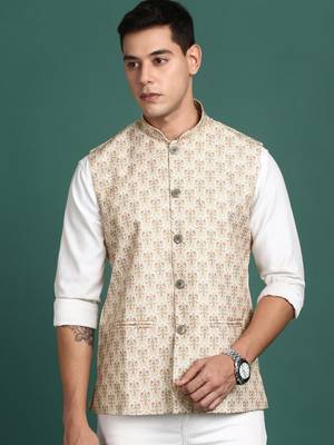 men's printed cream slim fit nehru jacket 2