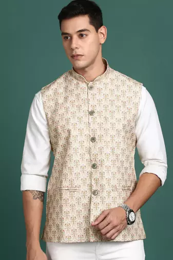 men's printed cream slim fit nehru jacket