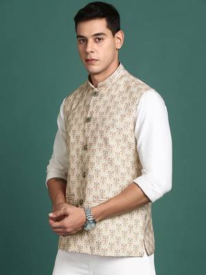 men's printed cream slim fit nehru jacket 3