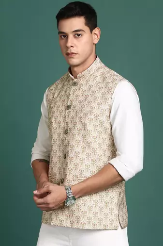 men's printed cream slim fit nehru jacket