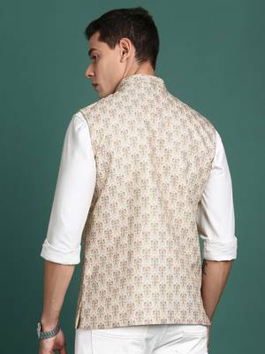 men's printed cream slim fit nehru jacket 4
