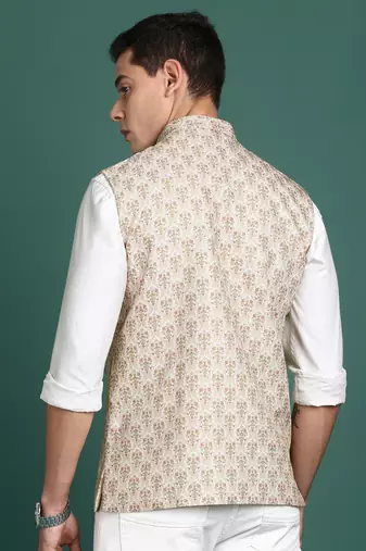 men's printed cream slim fit nehru jacket