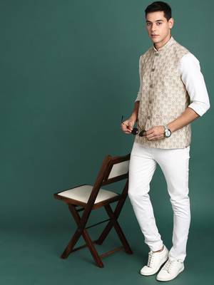 men's printed cream slim fit nehru jacket 5