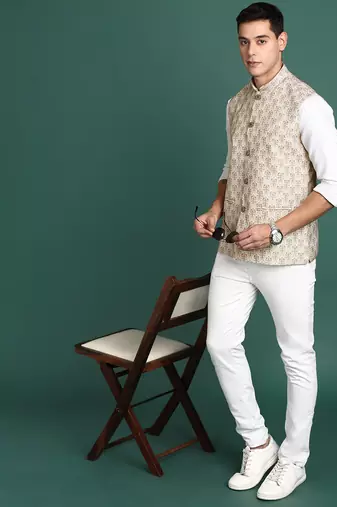 men's printed cream slim fit nehru jacket