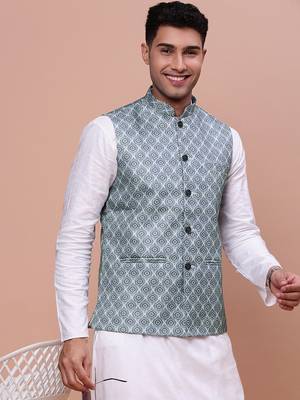 men's printed green slim fit nehru jacket 1