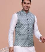 men's printed green slim fit nehru jacket