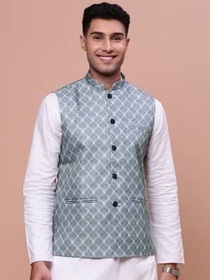 men's printed green slim fit nehru jacket 2