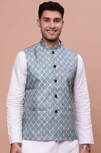 men's printed green slim fit nehru jacket