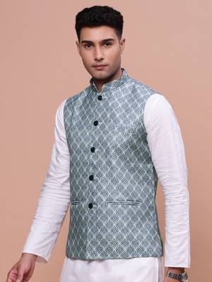 men's printed green slim fit nehru jacket 3