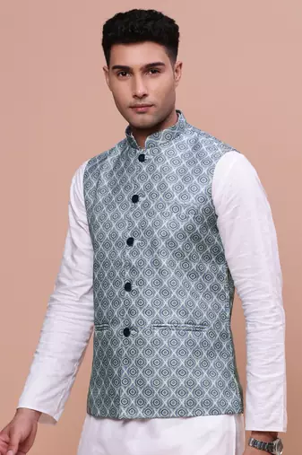men's printed green slim fit nehru jacket